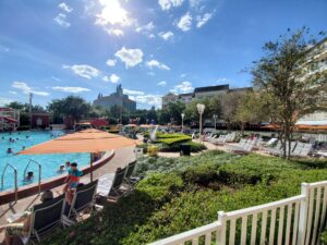 Close up of a pool and deck area in a themed Disney resort. 